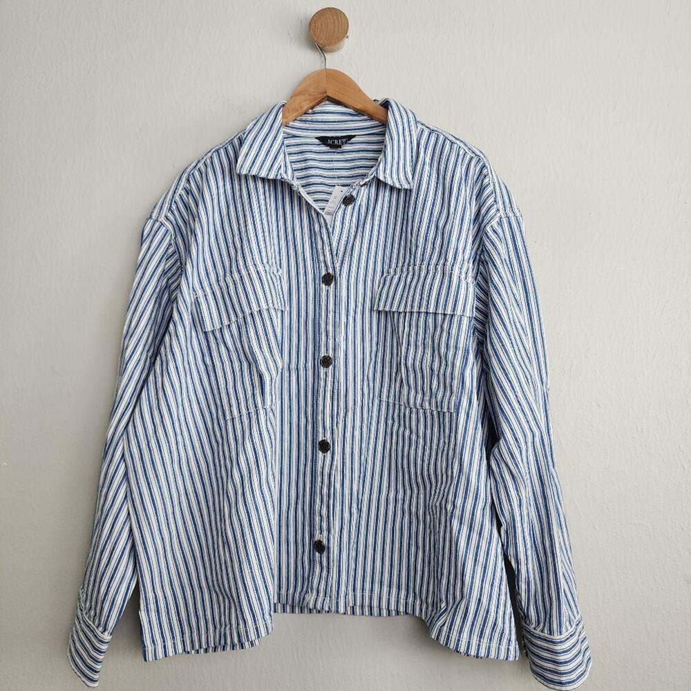 NWT J. Crew Cargo Button Up Shirt Blue White Stripe Cotton Shacket Plus 2X